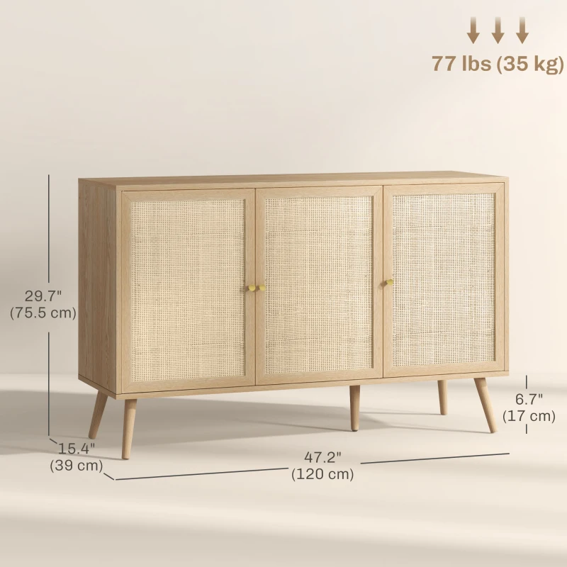 HOMCOM Kitchen Sideboard Cabinet, Boho Storage Cabinet with Shelves, Wood Legs, Decorative Rattan Doors, Natural