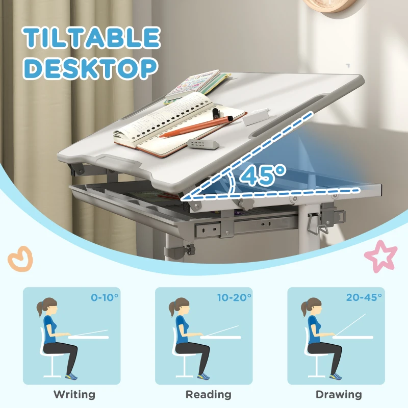 Qaba Height Adjustable Kids Desk and Chairs Set with Tilt Desktop, Storage Drawer, Pen Slot, Hook, Gray