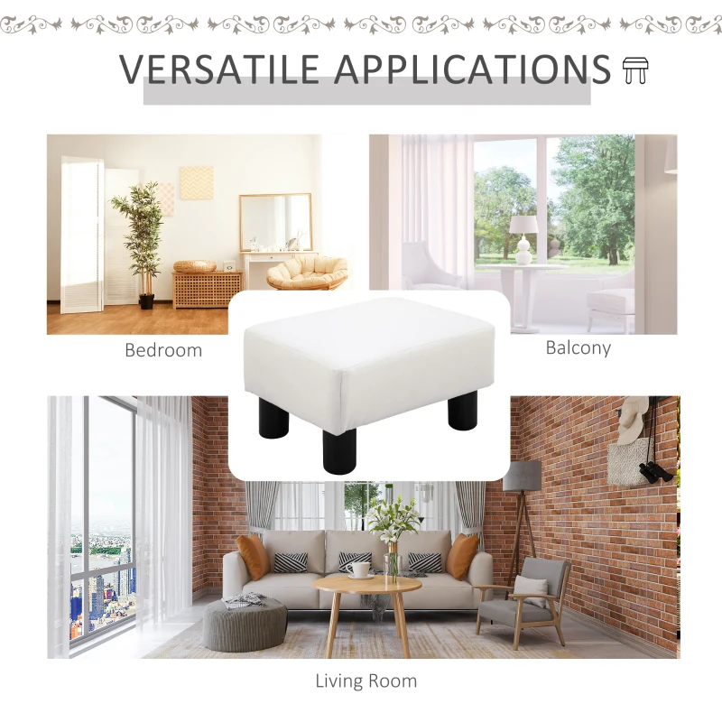 HOMCOM Ottoman Foot Rest, Small Foot Stool with Faux Leather Upholstery, Rectangular Ottoman Footrest with Padded Foam Seat and Plastic Legs, Bright White