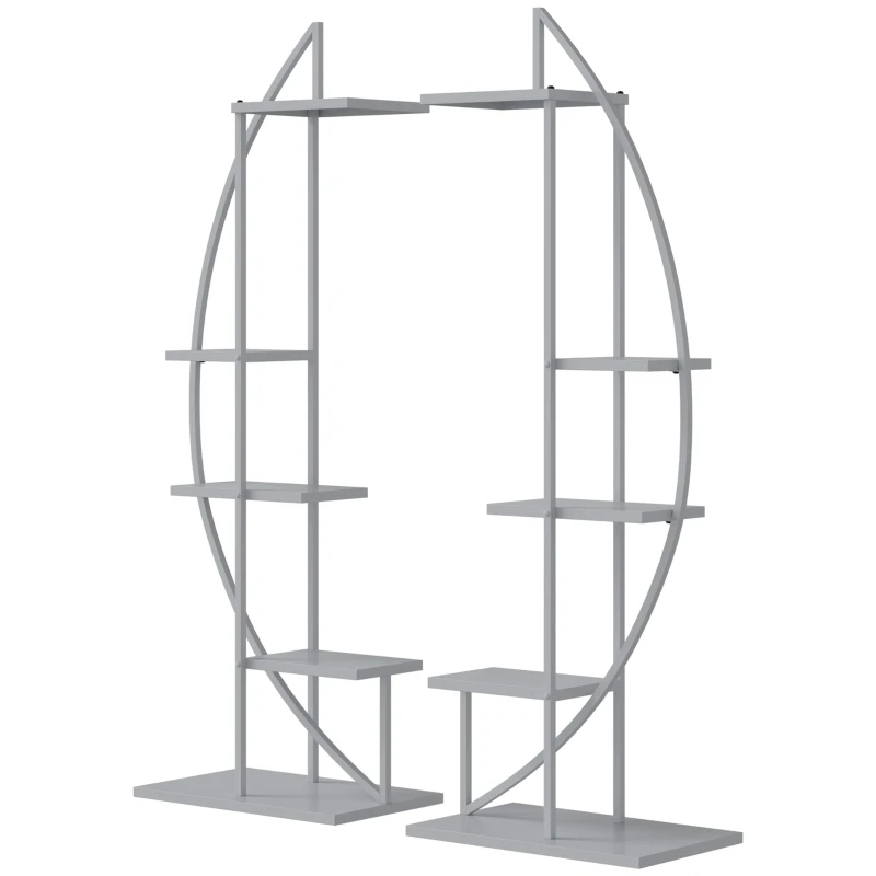 Outsunny 5 Tier Metal Plant Stand, Flower Pot Display Shelf with Hangers, Tall Plant Stand Indoor, Half Moon Shape, for Living Room Patio Garden Balcony Decor, Gray
