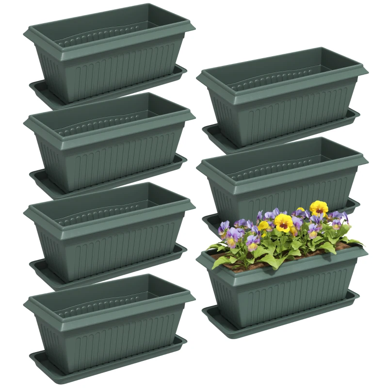 Outsunny 7 Pack 15.7" Plastic Flower Planters with Drainage Holes and Trays, Plant Pots for Indoor Outdoor Plants, Green