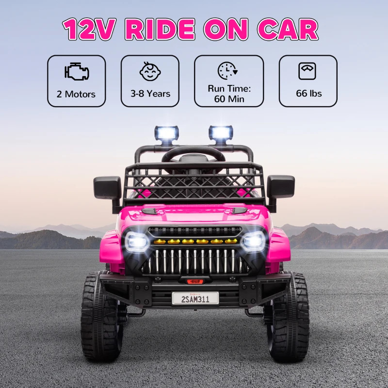 Qaba 12V Battery Powered Ride On Truck, Kids Electric Car with Spring Suspension, Remote, Horn, USB Music, Pink