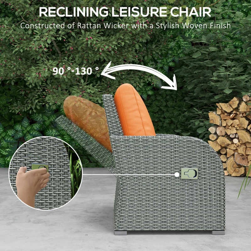 Outsunny Patio Furniture with Cushions, 6 Pieces PE Wicker Patio Sectional Furniture Conversation Set w/ a Three-Seat Sofa, 2 Recliner Chairs, 2 Footstools & Table, Orange