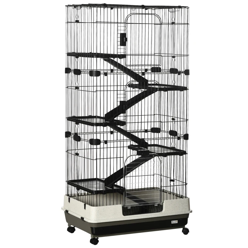 PawHut 63"H 6-Level Small Animal Cage Rabbit Hutch with Universal Lockable Wheels, Slide-Out Tray for Bunny, Chinchillas, Ferret, Black