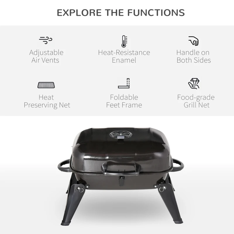 Outsunny 23" Portable Tabletop Steel Charcoal Grill Foldable Outdoor BBQ Camping Picnic Cooker Barbecue Smoker with Air Vent Black