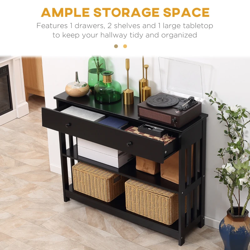 HOMCOM Console Hallway Table with Extra Wide Pull Out Drawer, 2 Open Shelves and Slatted Wood Frame Design, Black