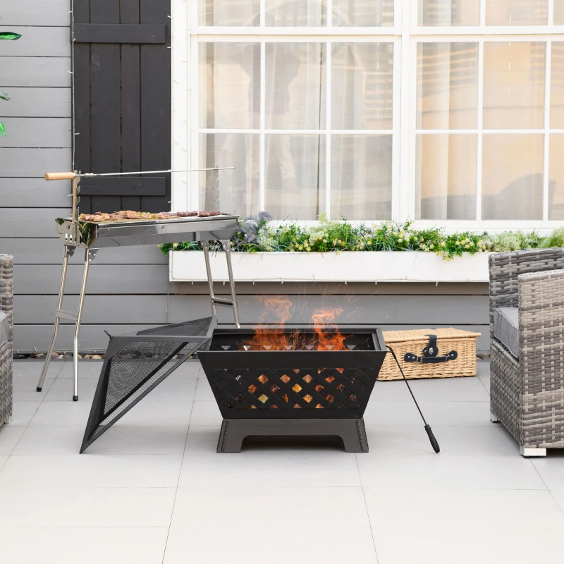 Outsunny 26 Inch Outdoor Fire Pits, Bonfire Wood Burning Firepit Bowl, Camping Fire Pit with Spark Screen Cover, Poker for Patio, or Backyard, Black