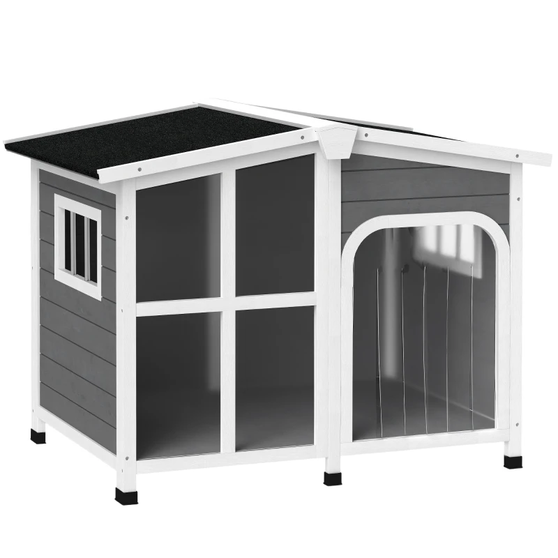 PawHut Cabin-Style Wooden Dog House for Large Dogs with Openable Roof & Giant Window, Dark Gray