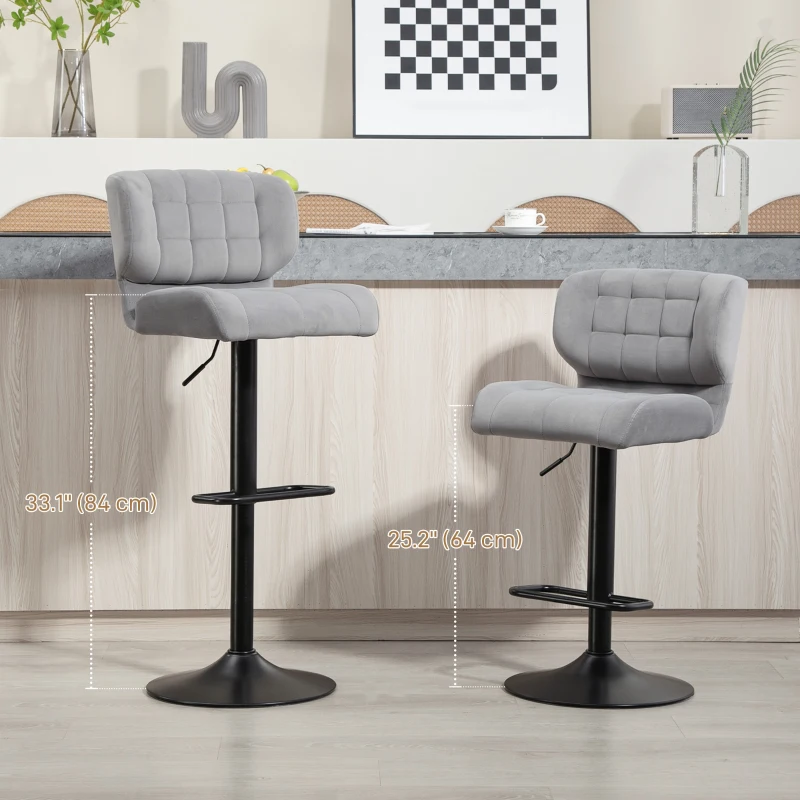HOMCOM Swivel Velvet-feel Fabric Barstools Set of 2 Adjustable Bar Stools with Footrest for Counter Dining Room Grey