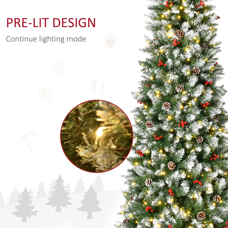 HOMCOM 7.5ft Pre-Lit Snow-Dipped Artificial Christmas Tree with Realistic Branches, 350 LED Lights, Pine Cones, Red Berries and 1075 Tips