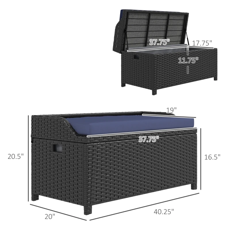 Outsunny Wicker Storage Bench Deck Box with Comfortable Cushion Navy Blue