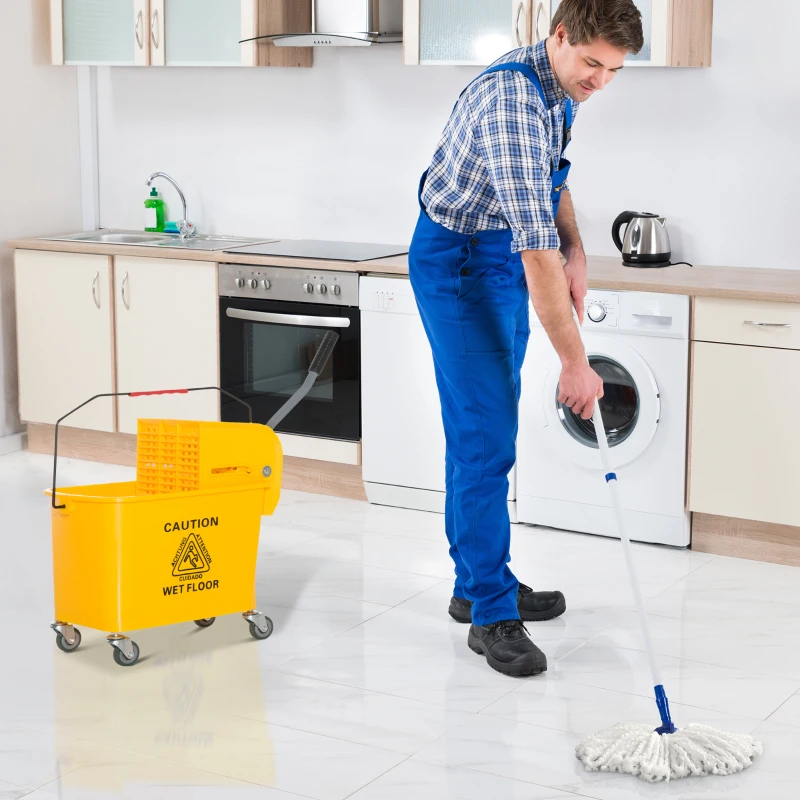 HOMCOM Compact Mop Bucket with Wringer, Mop Bucket on Wheels, 21 Quart, Separate Dirty and Clean Water, Yellow