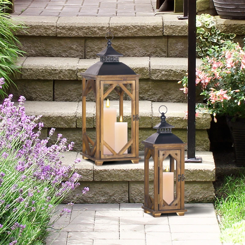 HOMCOM 2 Pack 31"/21" Large Rustic Lantern Decorations, Hanging Wooden Metal Indoor Covered Outdoor Lantern for Home Decor (No Glass), Black and Dark Wood Color