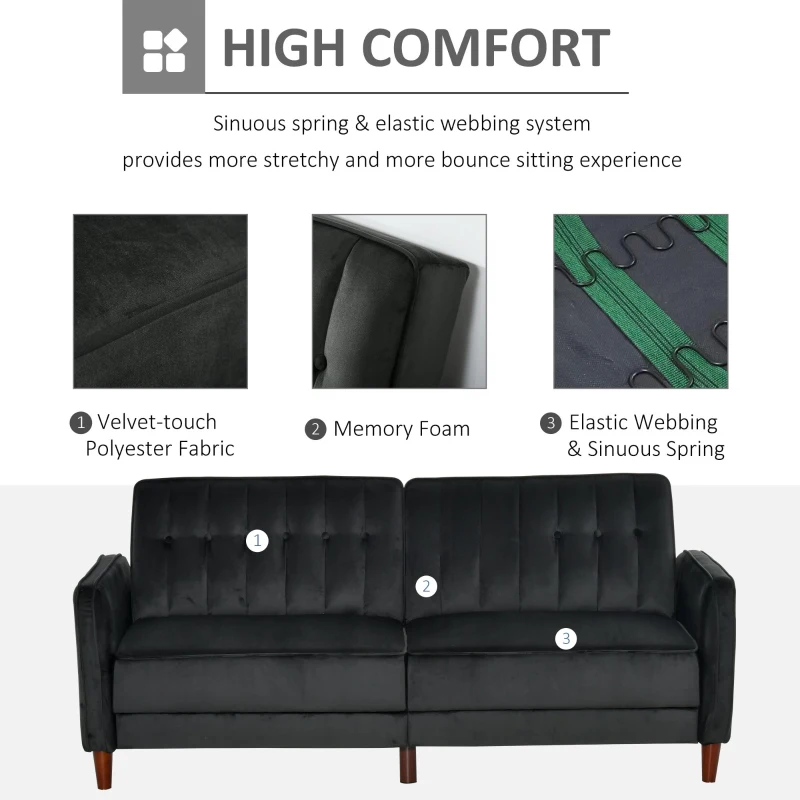 HOMCOM Convertible Sofa Sleeper Futon with Split Back Design Recline, Thick Padded Velvet-Touch Cushion Seating and Wood Legs, Black