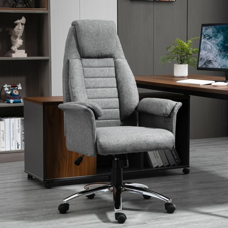HOMCOM High Back Fabric Executive Chair with Padded Armrests, Ergonomic Home Office Chair with Headrest, Adjustable Height- Light Grey