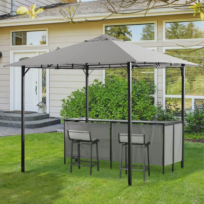 Outsunny 8' x 8' 3-Piece Patio Bar Set with Gazebo Canopy 2 Bar Stools and Bar Table with Storage Shelf for Poolside, Backyard, Garden