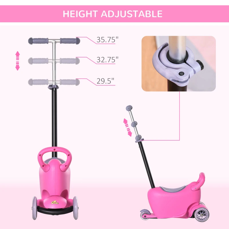 Qaba 3-in-1 Ride On Push Car, Kids Scooter, Sliding Walker, Push Rider, with Adjustable Handlebar, 3 Balanced Wheels, Removable Storage Seat, for Boys and Girls Aged 2-6 Years Olds, Pink