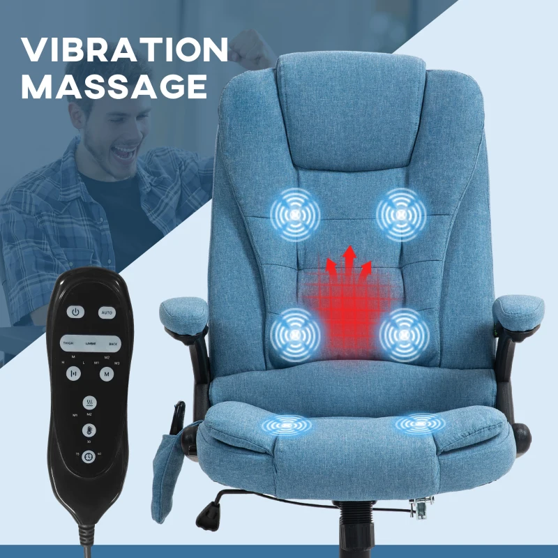 Vinsetto 6 Point Vibrating Massage Office Chair with Heat, Linen High Back Massage Desk Chair w/ Reclining Backrest, Light Blue