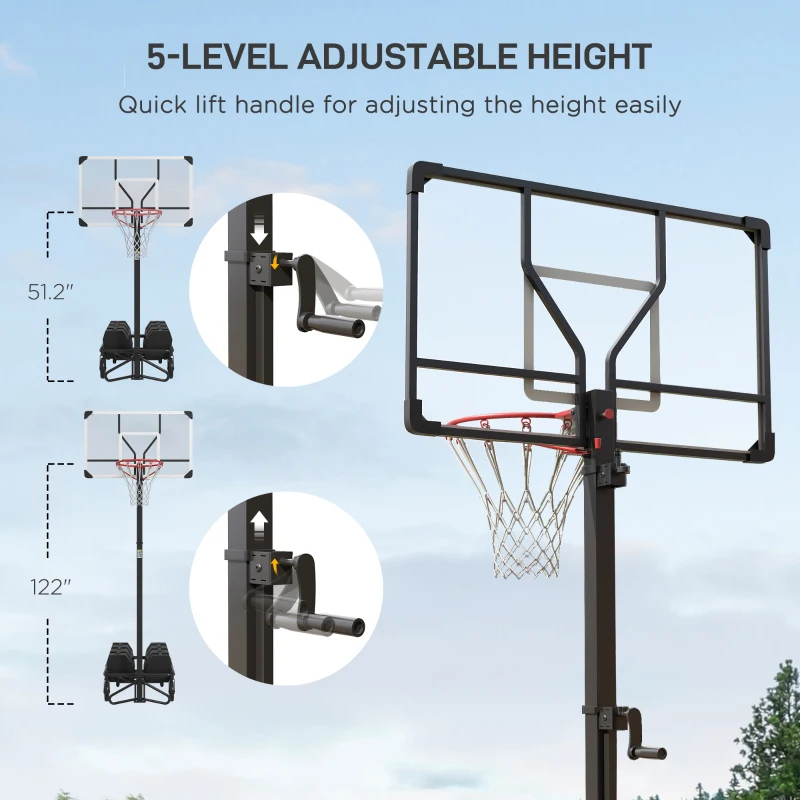 Soozier Foldable & Portable Basketball Hoop, 4.3-10.2' Adjustable Basketball Goal with 4 Wheels for Teenagers, Youth & Adults