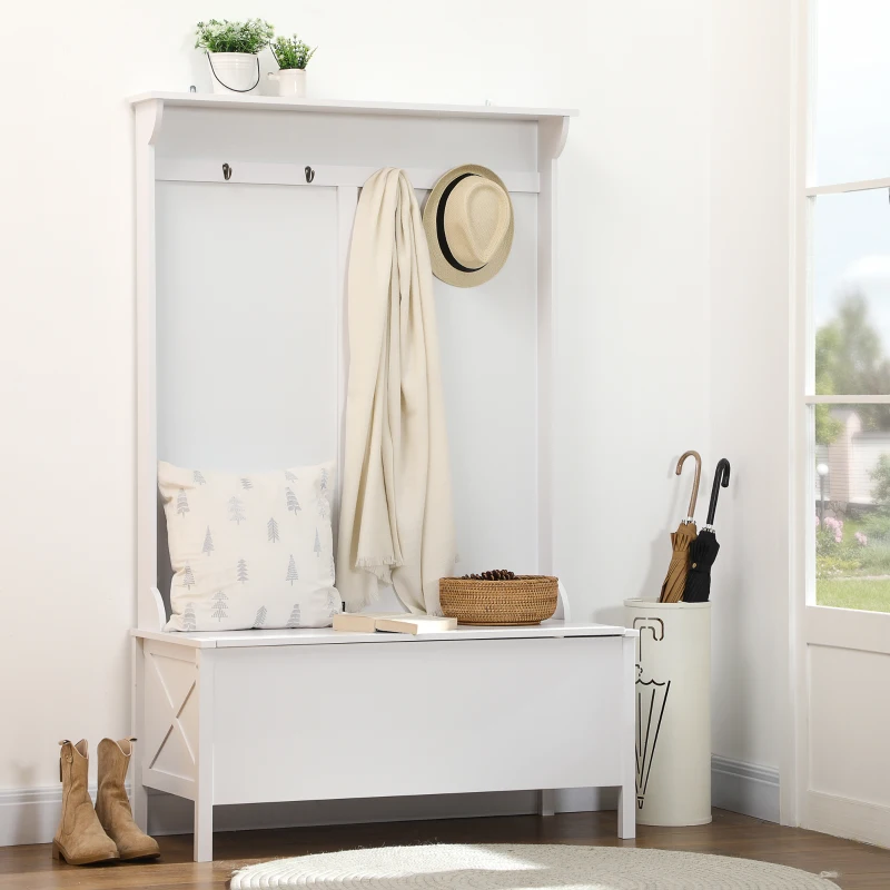 HOMCOM Modern Hall Tree, Shoe Bench with Hidden Storage Space, 4 Hooks and Top Shelf, Freestanding Coat Rack Stand for Entryway, White