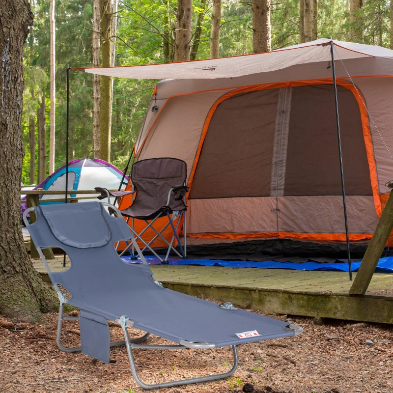 Outsunny Folding Outdoor Chaise Lounge Sun Tanning Chair with Face Cavity, Pillow, 5-level Adjustable for Beach, Pool, Gray