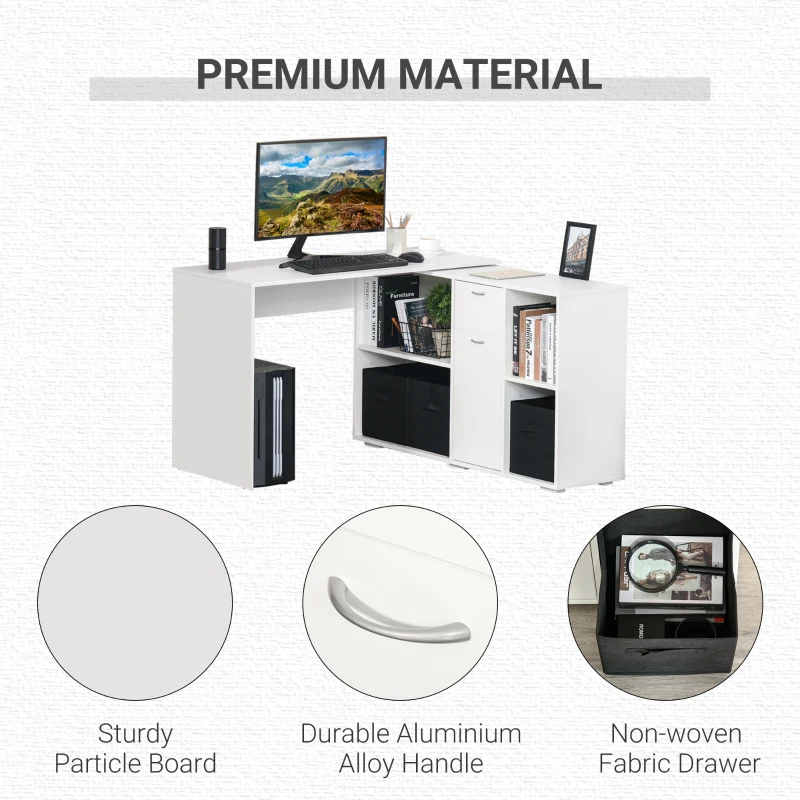 HOMCOM Convertible L-Shaped Computer Desk, Corner Table wth 3 Fabric Storage Boxes, Retractable Home Office Desk, White