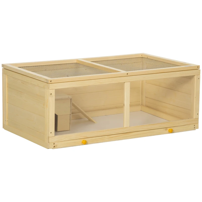 PawHut Small Animals Kit Hutch w/ Sliding Tray, Exercise Play House for Dwarf Hamsters, Gerbils, Chinchillas, Natural Wood