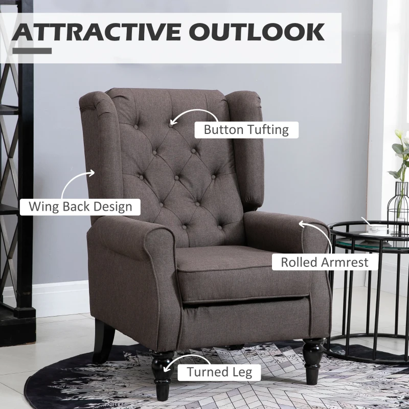 HOMCOM Wingback Accent Chair for Living Room, Button-Tufted Lounge Chair with Round Armrests and Wood Legs, Dark Brown