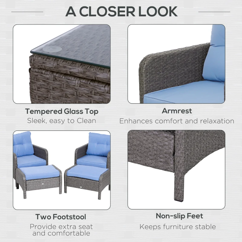 Outsunny 5 Pieces Rattan Wicker Lounge Chair Outdoor Patio Conversation Set with 2 Cushioned Chairs, 2 Ottomans and Tempered Glass Top Coffee Table, Gray/Blue