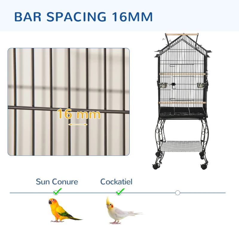 PawHut Bird Cage 57 Inch Flight Cage for Cockatiel, Conure with Rolling Stand, Pull Out Tray, Storage Shelf, Open Top