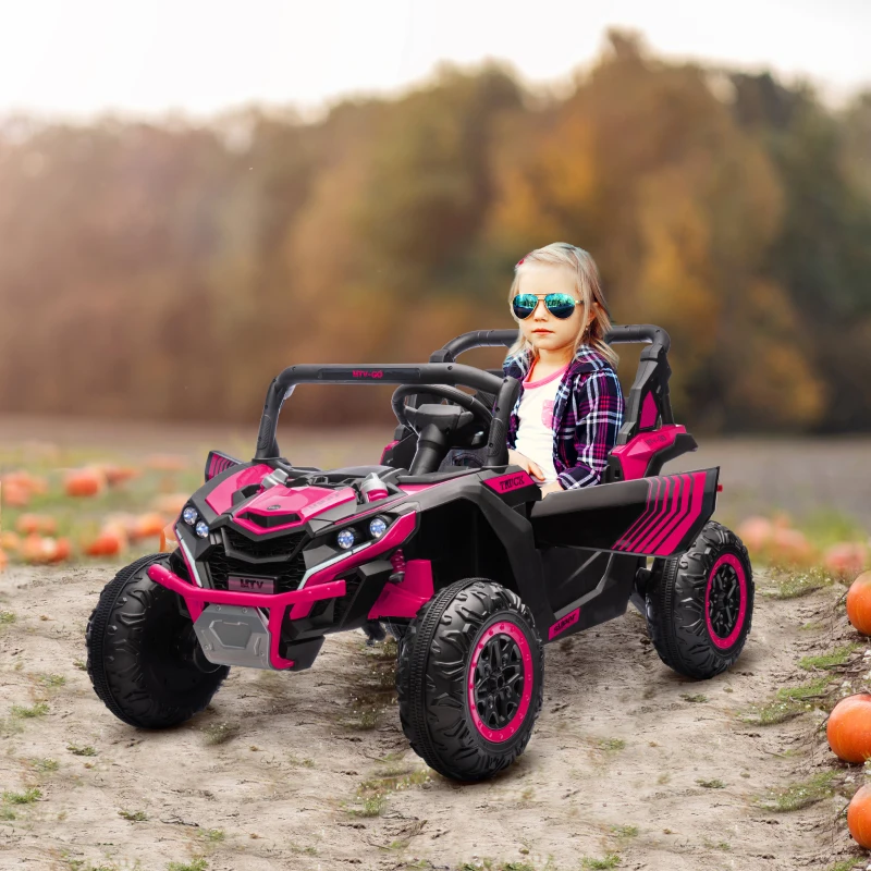 Qaba 24V 7AH Ride on Car, 2 Seater 4 MPH Ride on UTV with 4 Shock Absorbers, Music Horn LED Lights, for 3-8 Years, Pink