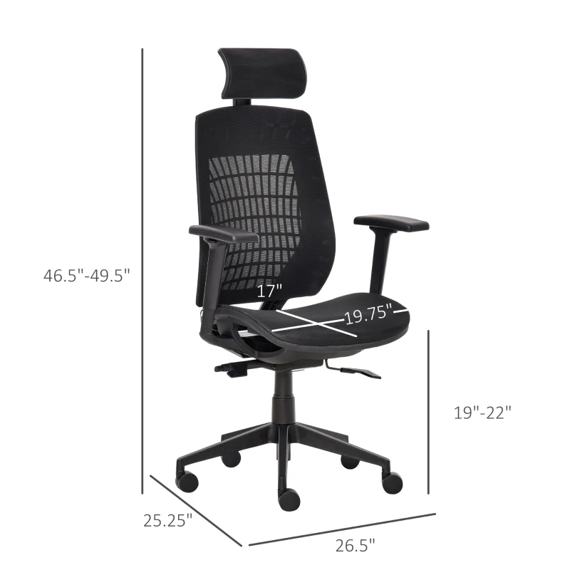 Vinsetto Ergonomic Mesh Office Chair, Reclining High Back Desk Chair with Adjustable Headrest & Armrests, Wheels, Swivel Computer Task and Gaming Chair, Black