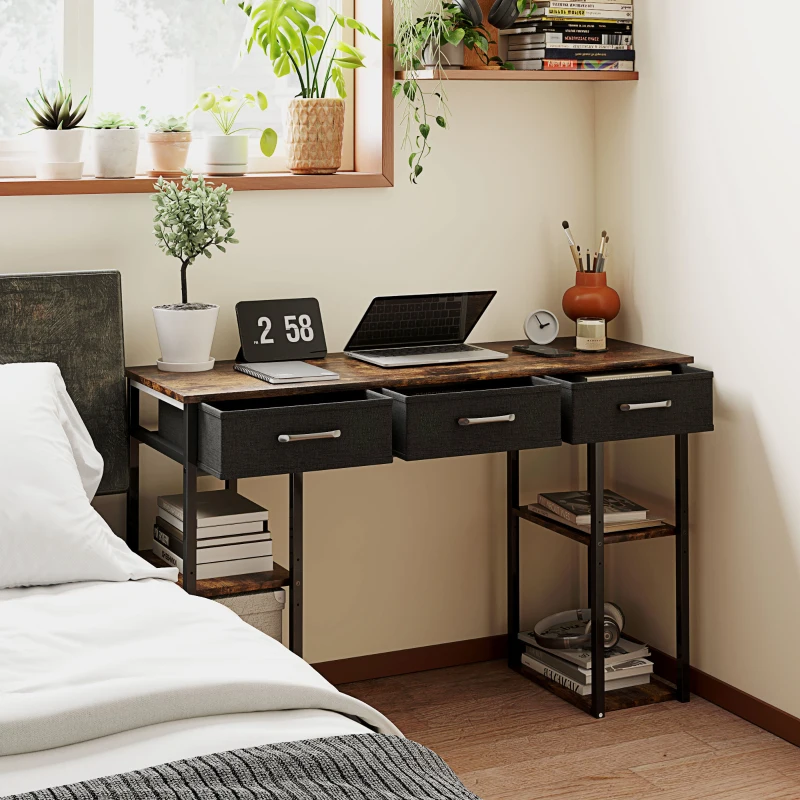 HOMCOM 47" Small Computer Desk, Writing Desk with Fabric Drawers, Home Office Desk with Adjustable Shelves, Rustic Brown