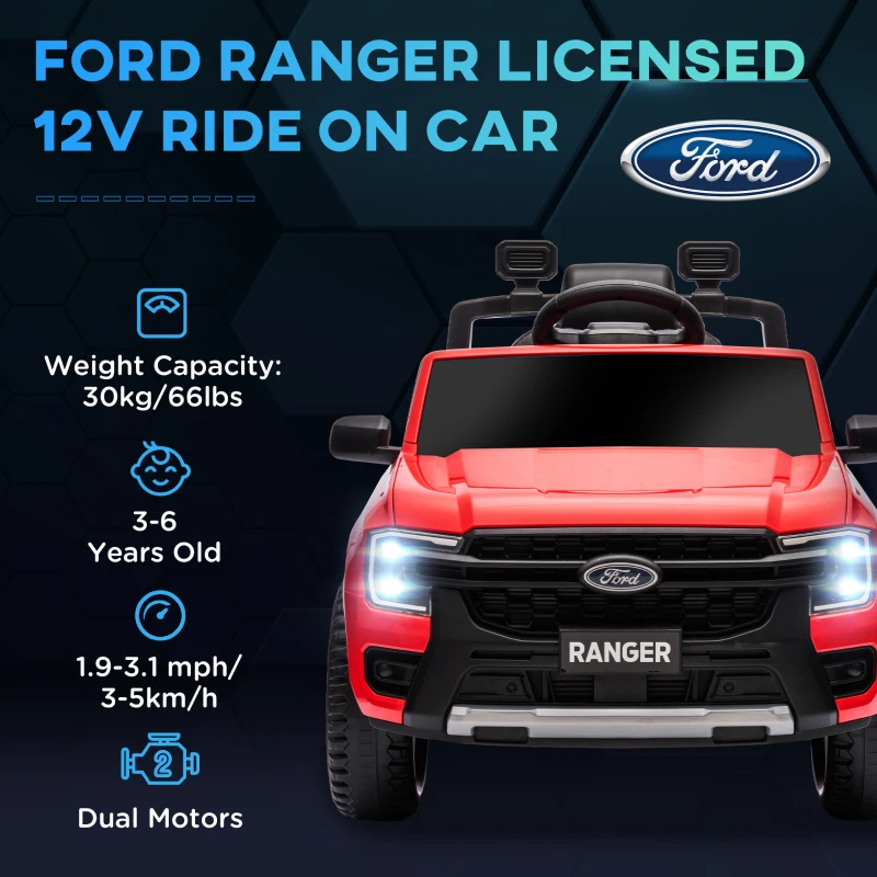 Qaba Ford Ranger Licensed 12V Ride on Car Battery Powered Kids Truck w/ Rear Storage Remote, Spring Suspension, Red