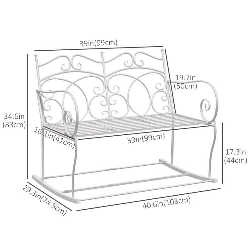 Outsunny Patio 2 Seater Rocking Bench Steel Garden Outdoor Garden Loveseat w/ Elegant Patern for Garden, Balcony, Porch, White