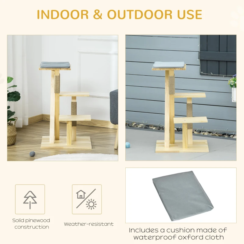 PawHut 31" Cat Tree Kitty Activity Center Pinewood Cat Climbing Toy Indoor Outdoor Pet Furniture with Jute Scratching Post Perch Cushion Natural