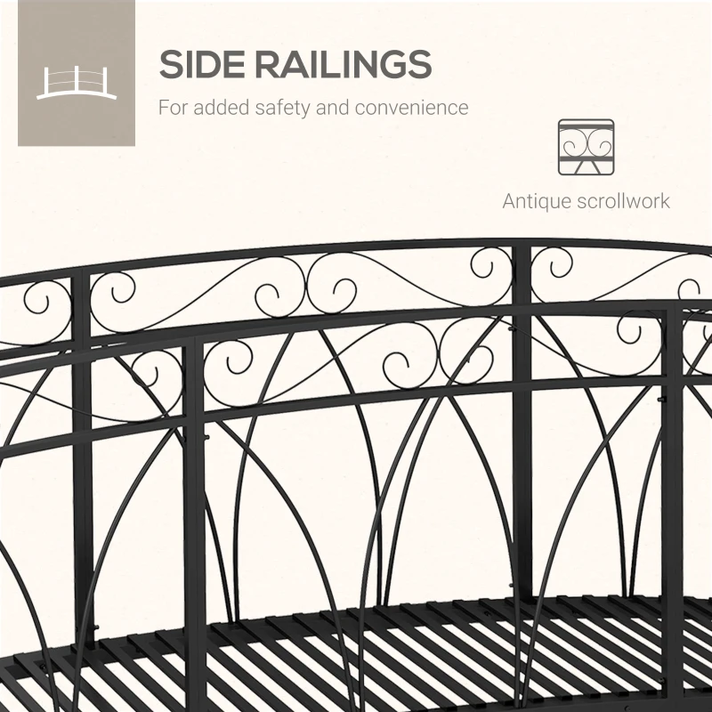 Outsunny 8' Metal Arch Garden Bridge Arc Footbridge with Guardrails and Decorative Scrollwork, Black