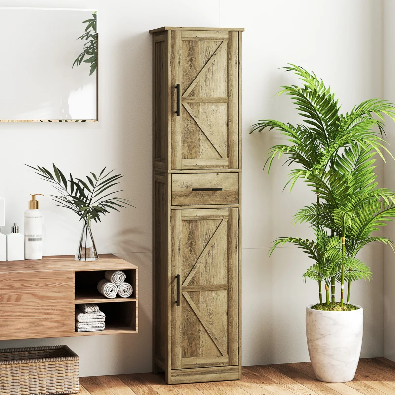HOMCOM Farmhouse Linen Closet with Drawer, 67" Tall Bathroom Storage Cabinet with Barn Doors and Adjustable Shelves, Gray