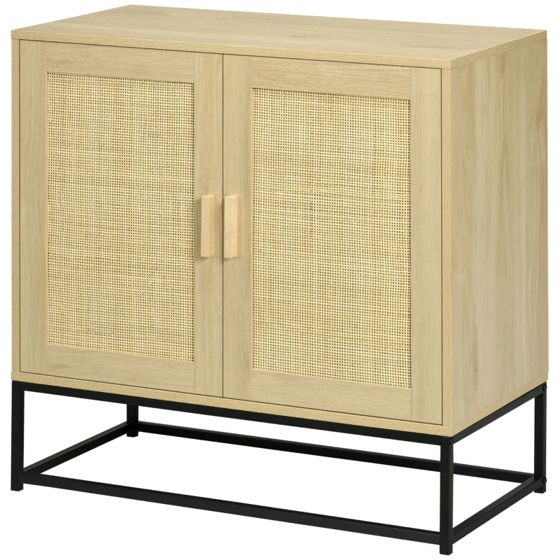 HOMCOM Wood Sideboard Accent Storage Cabinet with 2 Rattan Doors, Adjustable Shelf, and Steel Legs for Living Room Kitchen