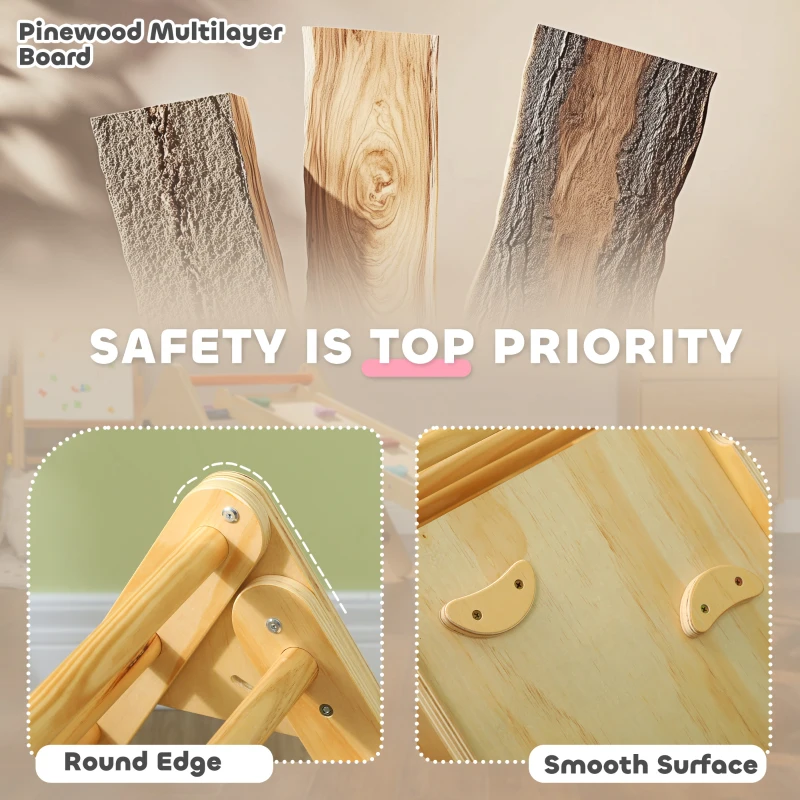 Qaba Pikler Triangle Set, 3 in 1 Climbing Toys with Ramp for Toddlers, Nature Wood