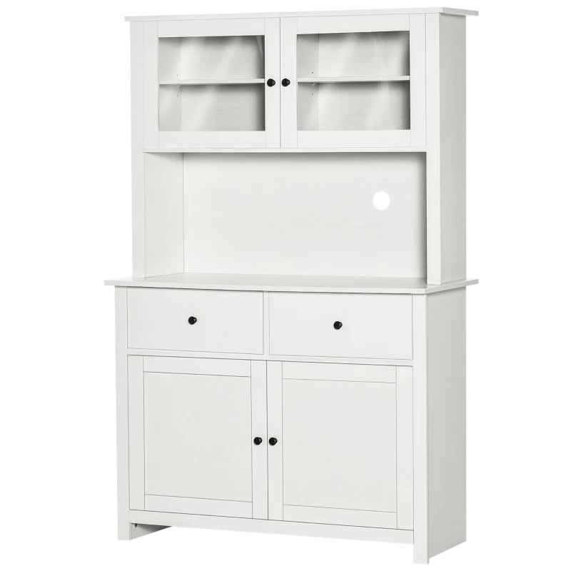 HOMCOM 63.5" Kitchen Buffet with Hutch, Pantry Storage Cabinet with 4 Shelves, Drawers, Framed Glass Doors, Open Microwave Countertop, Antique White