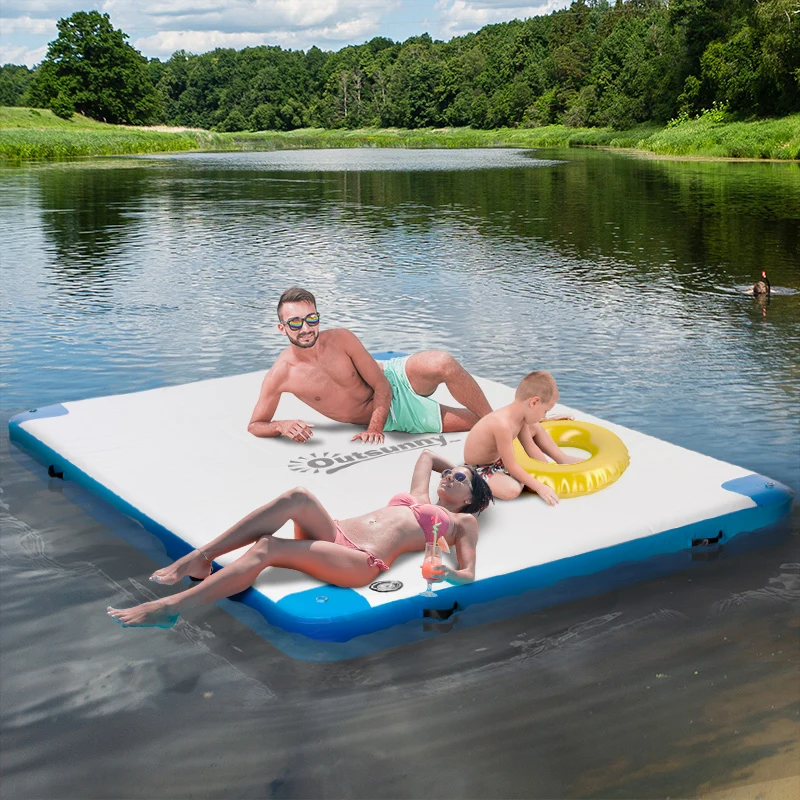 Outsunny 10 x 7ft Water Inflatable Floating Dock, Inflatable Platform Island, Large Floating Mat Raft with Air Pump & Backpack, for Pool, Beach, Ocean, White