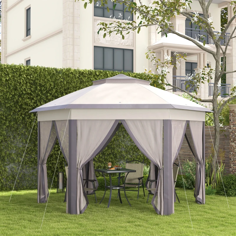 Outsunny 13' x 13' Pop Up Gazebo Hexagonal Canopy Shelter with 6 Zippered Mesh Netting for Patio Backyard Garden Wedding Party
