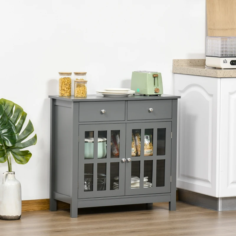 HOMCOM Sideboard Buffet Cabinet, Accent Kitchen Cabinet with Glass Doors, Adjustable Shelf and 2 Drawers for Kitchen, Gray