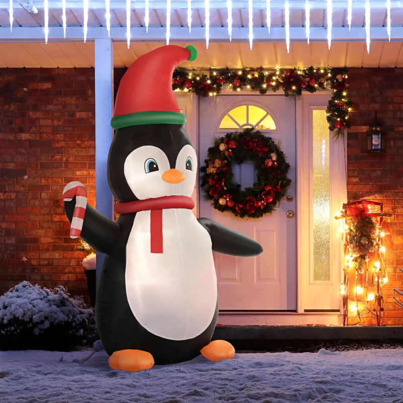 HOMCOM 8ft Christmas Inflatables Outdoor Decorations Penguin with Candy Cane, Blow-Up Yard Christmas Decor with LED Lights Display