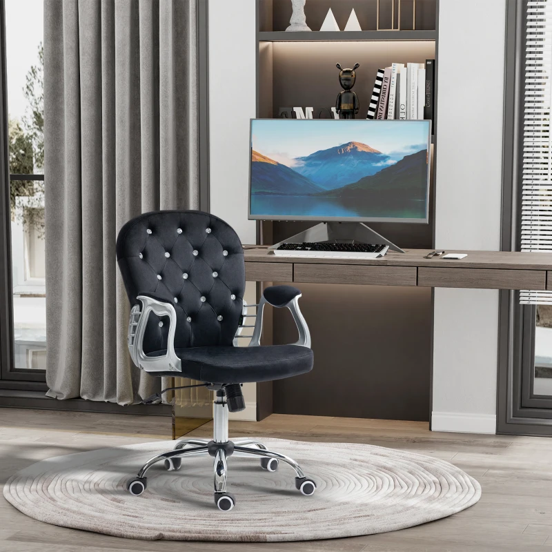 Vinsetto Button Tufted Desk Chair, Home Office Chair with Padded Armrests, Adjustable Height and Swivel Wheels, Black