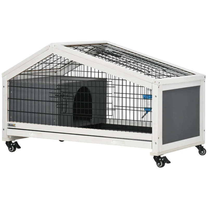 PawHut 35" Wooden Rabbit Hutch with No-leak Tray, Pet Playpen with Wheels, Water Bottle, Bunny House for Rabbits and Small Animals, Dark Gray