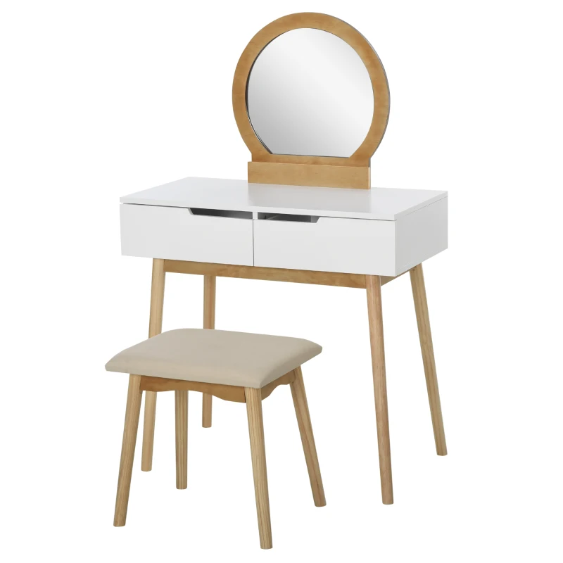 HOMCOM Makeup Vanity Table with Round Mirror and 2 Drawers, Dressing Table with Cushioned Stool Set for Bedroom (Natural Wood)