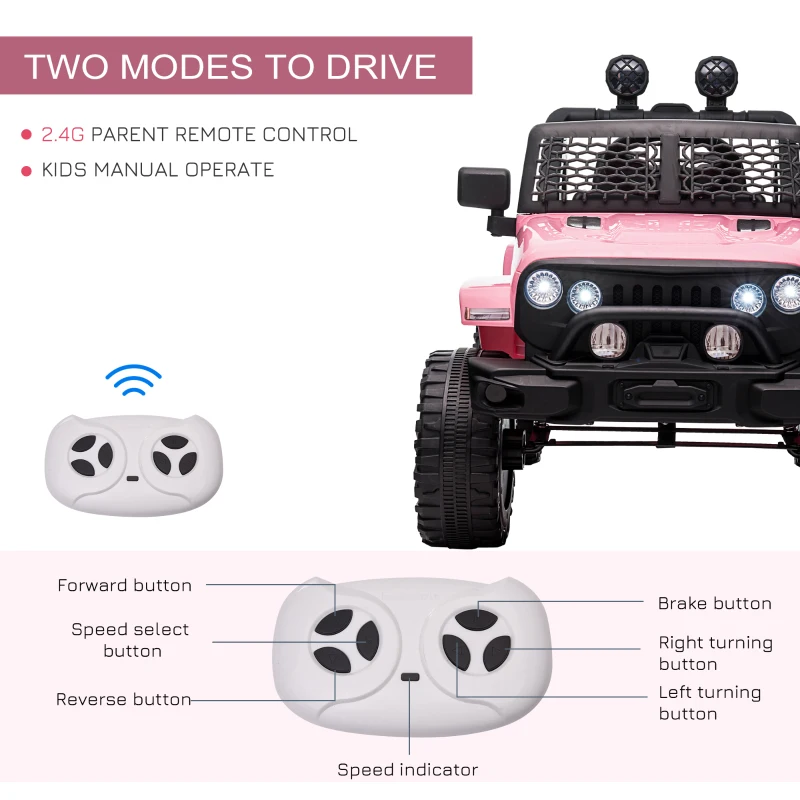 Aosom 12V Kids Ride On Truck with Parent Remote Control, Battery Powered Electric Car with Spring Suspension, Adjustable Speed, LED Lights and Horn, Pink
