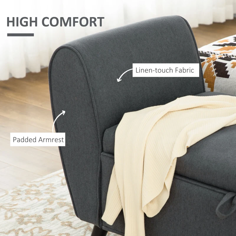 HOMCOM Modern Upholstered Storage Bench with Arms, Linen-Feel Fabric Ottoman Bench for Bedroom Entryway Living Room, Dark Gray